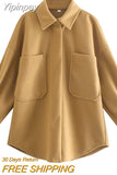 Yipinpay Wool Coats for Women 2023 Autumn Chic Big Pockets Casual New Outerwear Female Turndown Collar Solid Long Jacket Overcoat