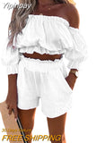 Yipinpay Two-Pieces Top and Shorts Suits Summer Beach Suits Women Casual Off-Shoulder Short Sleeve Crops Tops High Waist Shorts