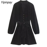 Yipinpay New Women Velvet Mini Dresses With Belt 2023 Spring Autumn Elegant Ladies Soft Dresses Long Sleeve A-line Vestidos