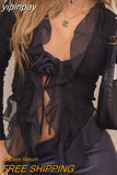 yipinpay Fairy Flower Ruched Ruffles Long Sleeve T Shirt Women V Neck See Through Streetwear Y2K Female Tops Women Summer 2023