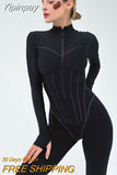 Yipinpay Autumn Line Striped Purple Jumpsuit Women 2023 Zipper Long Sleeve Crew Neck Female Playsuit Street Office Kadin Tulum