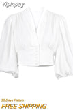 Yipinpay Chic Lantern Sleeve Women Crop Blouse Vintage Black Office Top Female Short Bodycon Shirt V-Neck Breasted Draped Top