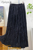 Yipinpay Spring Autumn 2023 Skirt for Women Korean Fashion Vintage Lining High Waist Maxi Skirts Ladies Black Faldas Jupes 92cm