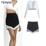 Yipinpay New Tassel Diamonds Mini Skirts Sets Women Fashion Long Sleeved Deep V-Neck Shirts +High Wasit Skirts Sexy Tops
