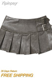 Yipinpay Women's Leather Skirt Fashion 2024 New Y2k Korean Low Rise Mini Skirt Knee Length Female Sexy Pleated Skirts Dark Brown Black