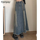 Yipinpay Fishtail Denim Women Skirt High Waist Retro Raw Edge
