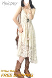 Yipinpay Dress Female 2024 New Lazy Retro Hollow Tassel Irregular V-neck Waist Slimming Suspender Seaside Vacation Beach Dress