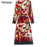 Yipinpay 2023 New Women Printed Dresses With Belt Spring Summer Fashion Ladies Party Mid-Calf Dresses Long Sleeve Elegant Vestidos