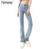 Yipinpay Straight High Waist Stretch Jeans Woman Casual Light Blue Jean Trousers Black Denim Pants Ladies