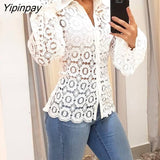 Yipinpay Women  Ruffled Lace Guipure Lace Hollow Out Bell Sleeve Shirt Women Blouse