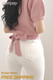 Yipinpay O Neck Cropped Pink Sweaters Women Slim Short Sleeve Shirt Back Bow Bandage Tops Sueter Jumper Blouse Shirts Sweet