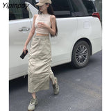 Yipinpay Casual Splitr Cargo Women Skirts Streetwear Solid Vintage High Waist Midi Skirt