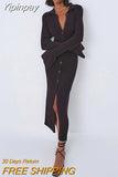 Yipinpay Autumn Winter Elegant Knit Rib Bodycon Dress Office Lady Long Sleeve Lapel Button down Midi Dress Party Casual Women Wear