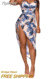 Yipinpay Tropical Leaves Flowers Print Halter Slit Dress Women Sexy Sleeveless Draped V-Neck Wrapped Sundress Party Vacation