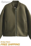 Yipinpay TRAF Woman Bomber Jackets for Women 2023 Autumn Stand Collar Coats Female Front Zipper with Pockets Ladies New Outerwear