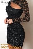 Yipinpay for women 2023 elegant high quality Glitter Contrast Lace Cutout Bodycon slim skinny Dress evening Party dresses Sexy
