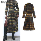Yipinpay New Women Print Mid-Calf Dresses With Belt 2023 Spring Summer Fashion Ladies Party Dresses Long Sleeve Elegant Vestidos