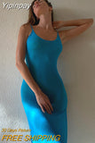 Yipinpay Women Sling Dress Spaghetti Strap Low-Cut See-Through Slit Dress For Club Party Skin-Friendly Casual Simple Style Blue-Green