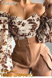 Yipinpay Chic Women Floral Off Shoulder Blouse Tops Sexy Frill Long Lantern Sleeve Strapless Corset Tops Fashion Slim Fit Tops