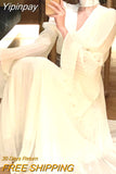Yipinpay Pure Color Midi Dress Woman French Elegant Evening Party Dress Long Sleeve 2023 Spring One Piece Dress Korea Fashion Chic