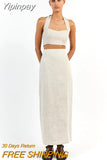 Yipinpay Elegant Cotton Linen Skirts Sets Vacation 2023 Bandage Top Women High Waist Split Skirts Summer 2-Piece Skirts Sets
