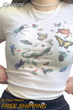 Yipinpay Women Casual Crop Tops T-shirt, Adults Slim-fit Animal Printed Basic Short Sleeve Round Neck T-shirt Woman Clothes Summer 2023