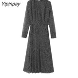 Yipinpay Elegant 2023 Women Dot Dresses With Belt Autumn Fashion Ladies Party Mid-Calf Dresses Fashion Long Sleeve A-line Vestidos