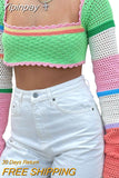 Yipinpay Women Summer Crop Tops Sweater Sexy Hollow Out Splicing Crochet Square Neck Long Sleeves Knitted Camisole Streetwear for Girls