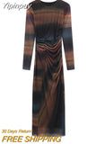 Yipinpay Print Tulle Long Dress Women Mesh Bodycon Dresses For Women Ruched Long Sleeve Midi Autumn Winter Woman Dress Party Dresses