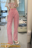 yipinpay Women's Jeans High Waist New 2023 Summer Pink Streetwear Korean Fashion Baggy Wide Leg Trouser Casual Mom Straight Denim Pants