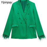 Yipinpay 2023 Women Feathers Sleeve Blazer Pant Sets Autumn Winter Double Breasted Office Outfits Jacket Zipper Trousers Outwear