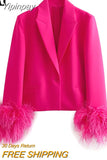 Yipinpay Fuchsia Cropped Blazer Woman New In Short Feather Coats And Jackets Long Sleeve Blazers For Women Elegant Stylish Jacket