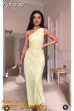 Yipinpay Chic Diagonal Collar Pleated Dress 2023 Summer Casual One Shoulder Backless Frock Elegant Evening Party Maxi Vestidos 0406