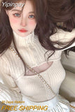 Yipinpay Mujer Slim Fit Bottom Hollow Top Pullover Fake Two Piece High Neck Sweater Aesthetics Grunge Pink T-shirts Button Sexy 0406