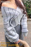Yipinpay Cross V Neck Off The Shoulder Black White Striped Knitted Sweaters Women Sexy One Slim Irregular Crop Top 2023 Grey