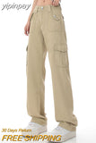 yipinpay Women Bottoms Khaki Vintage Cargo Jeans Fashion Pocket High Waist Wide Leg Pants Casual Street Baggy Denim Trouser Ladies Summer