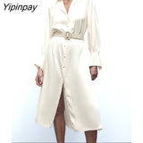 Yipinpay Women Soft Silk Loose Dresses With Belt 2023 Summer Turn Down Collar Long Dresses Sweet Fashion Long Sleeve Vestidos
