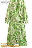 Yipinpay Vintage Print Long Dress Women Green Midi Dress Woman Ruched Long Sleeve Dresses For Women 2023 Elegant Women's Dresses
