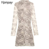 Yipinpay 2023 Women Pleated Tulle Print Dress Summer Elegant Turtleneck Party Sexy Long Sleeve Vestidos Fashion Back Zipper Dresses