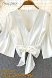 Yipinpay Summer Satin Crop Top Female Bow Elegant Lace-up Shirts Solid Color Flare Sleeve Blusas Women White Loose CHIC Blouses