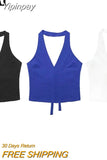 Yipinpay Black White Halter Top Female Tied Backless Crop Top Women Blue Sleeveless Sexy Tops Woman Fashion Off Shoulder Summer Tops