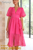Yipinpay Women Elegant Hollow Out Puff Sleeve Dress 2023 Summer Fashion Chic V-Neck Mesh Midi Frock Party Banquet Trend Ladies Vestido