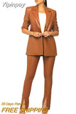 Yipinpay New PU Leather High-end Solid Suit Set Women Of Quality Office Lady 3/4 Sleeve Long Pants Slim Women 2 Piece Set