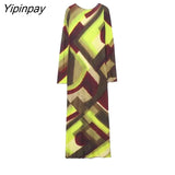 Yipinpay Sexy Women Printed Mid-Calf Dresses Autumn Elegant O-neck Backless Dresses Vintage Long Sleeve Fashion Vestidos