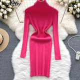 Yipinpay Full Sleeve Slim Knitted Pencil Dress Female Casual Pullover Turtleneck Sweater Bodycon Dress Ladies Autumn Winter