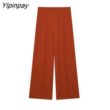 Yipinpay Women Bow Blouse Pants Sets 2023 Casual Solid Long Sleeve Loose V-neck Shirt Tops Elastic Waist Wide Leg Pants Outwear