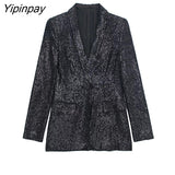 Yipinpay Women Beading Blazer Jackets 2023 Autumn Winter Notched Office Outfits Pockets Coats Single Button Long Sleeve Chic Outwear