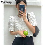 Yipinpay Elegant Back Bandage Short Tops Women 2023 Summer Short Sleeve O-neck Cute Blouses Ladies Korean Fashion Cropped Top