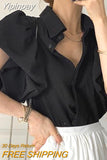 Yipinpay Black Shirts Women Camisa Feminina Blusas Single Breasted Palace Style Puff Tops Lantern Short Sleeve Blouse Summer Shirt