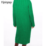 Yipinpay Warm Women Green Mid-Calf Kintted Dresses 2023 Autumn Elegant O-neck Dresses Vintage Simple Long Sleeve Vestidos